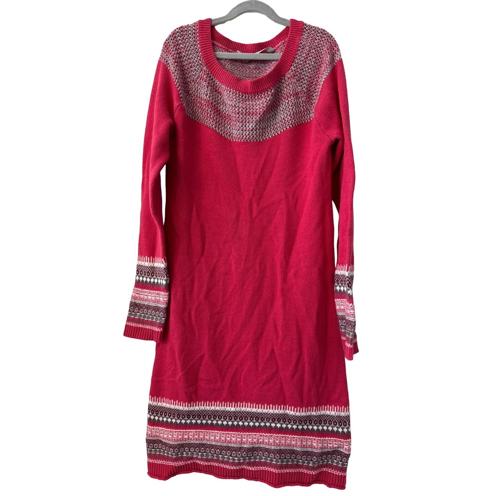 Athleta Nordic Fair Isle Sweater Dress Coral Pink Cotton Knit Sz Small Cozy Chic